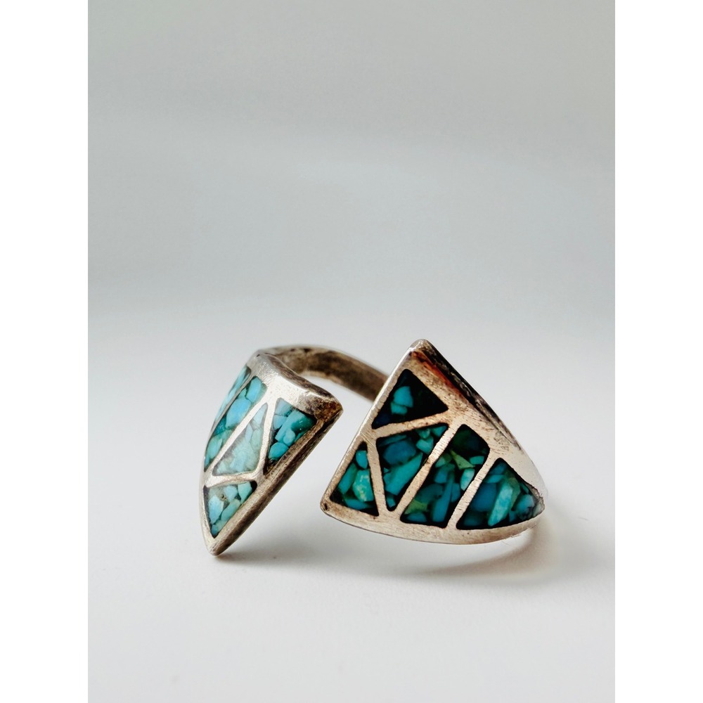 Vintage Sterling Silver Turquoise Chip Inlay Wrap Ring Size 9 Southwest Boho